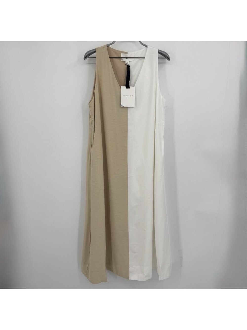 Pomander Place by Tuckernuck Tan and White Sallie Dress V-Neck Midi A-Line sz M